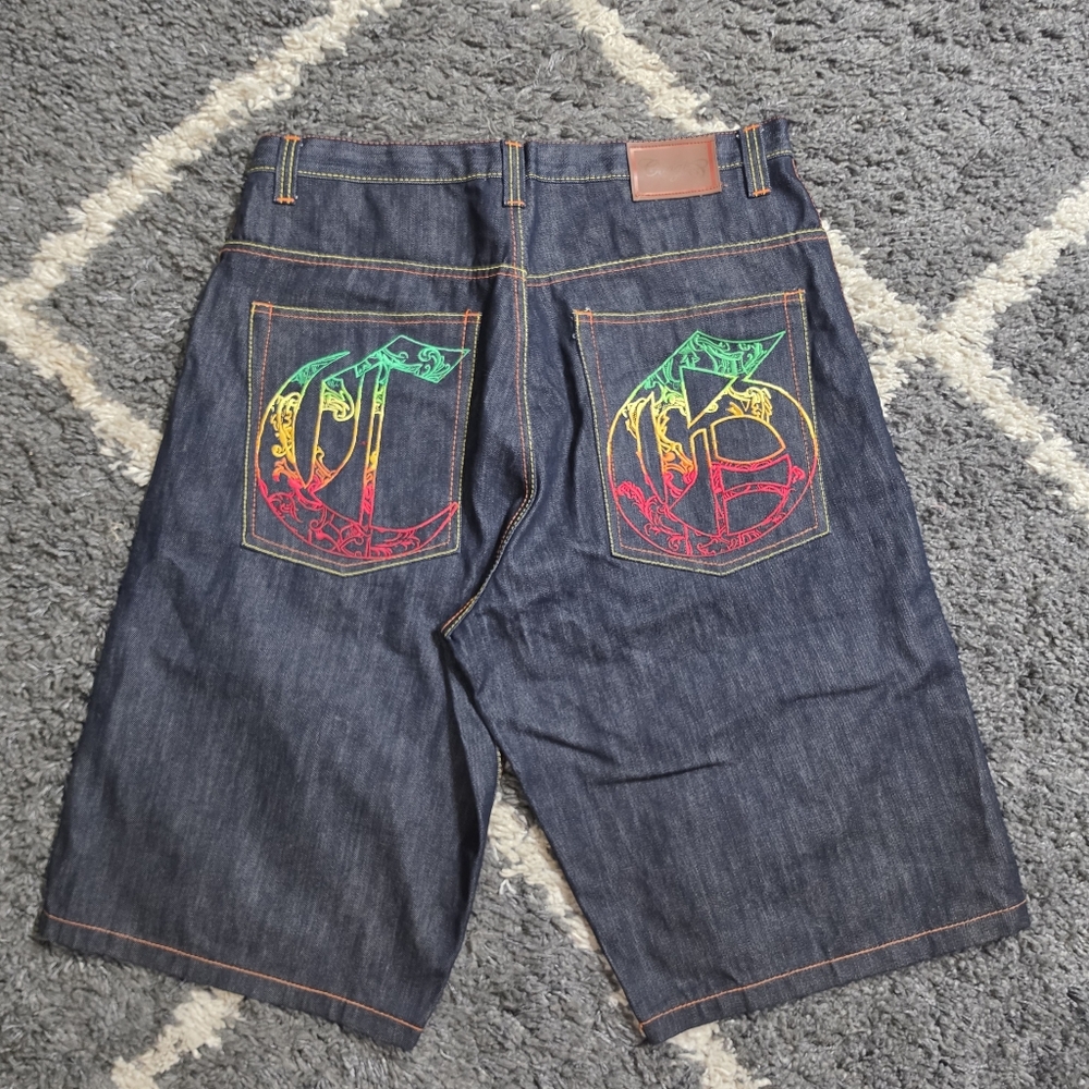Vintage Y2K Coogi Dark Wash Hip Hop Embroidered Logo Pockets Denim Shorts Sz 38